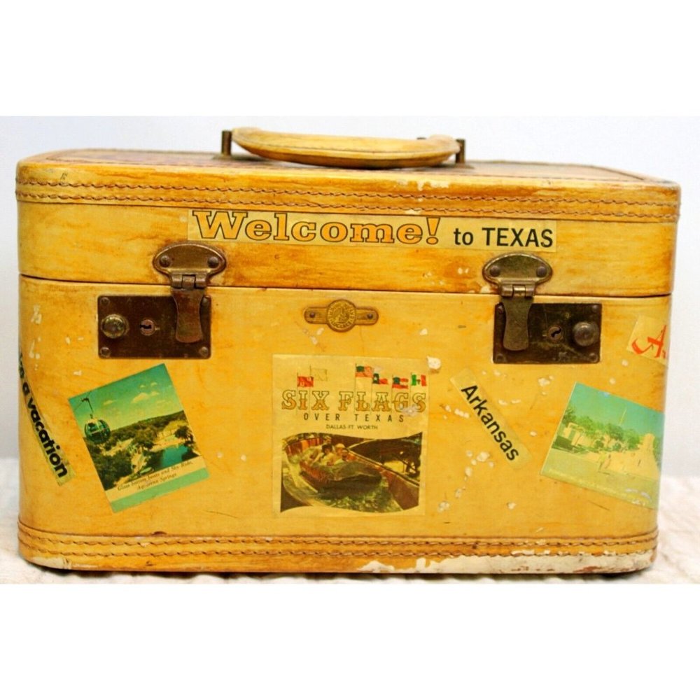 Vtg 60s Empire Brand Train Case Luggage Custom Texas Tour Attraction Icon Places
